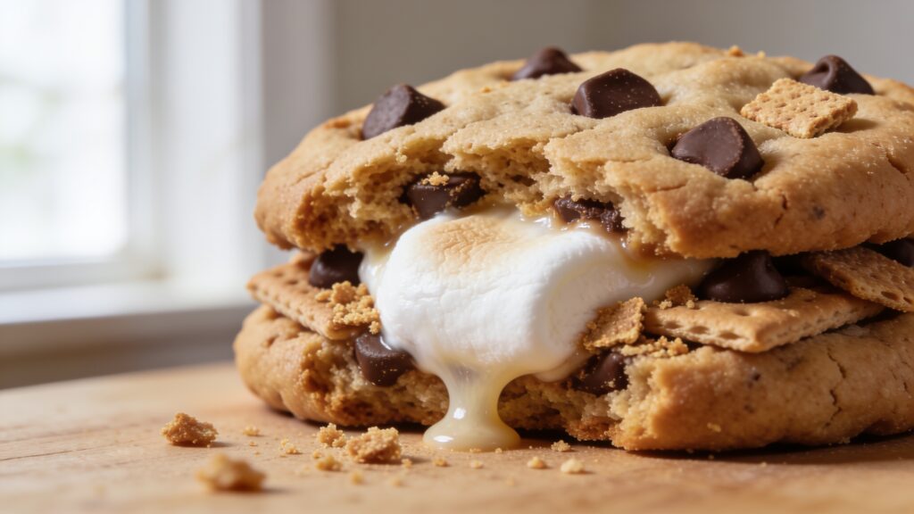 Gooey s'mores stuffed cookies with molten marshmallow center on a baking sheet