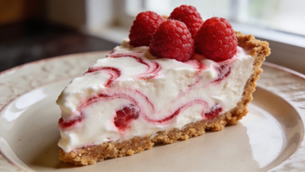 A whole no-bake raspberry cream pie on a serving plate, topped with fresh raspberries