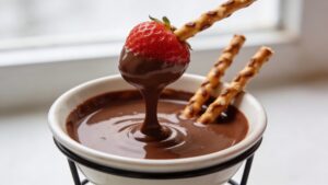 Milk chocolate fondue in a saucepan with strawberries and pretzels for dipping