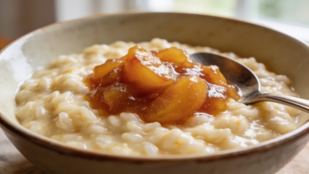 Creamy rice pudding topped with homemade summer stone fruit jam