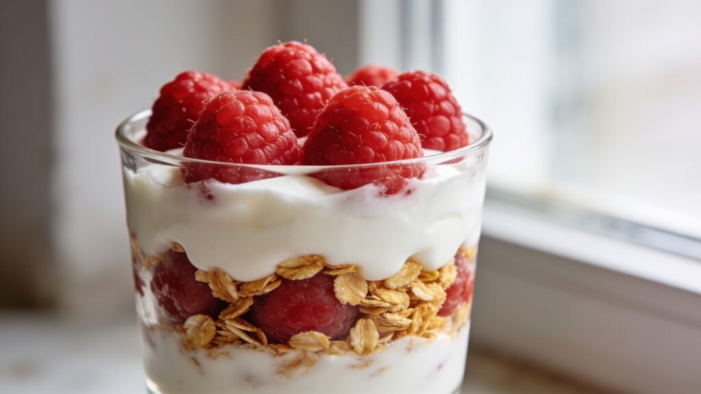 Raspberry yogurt parfait with fresh berries and granola