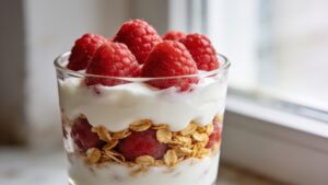 Raspberry yogurt parfait with fresh berries and granola