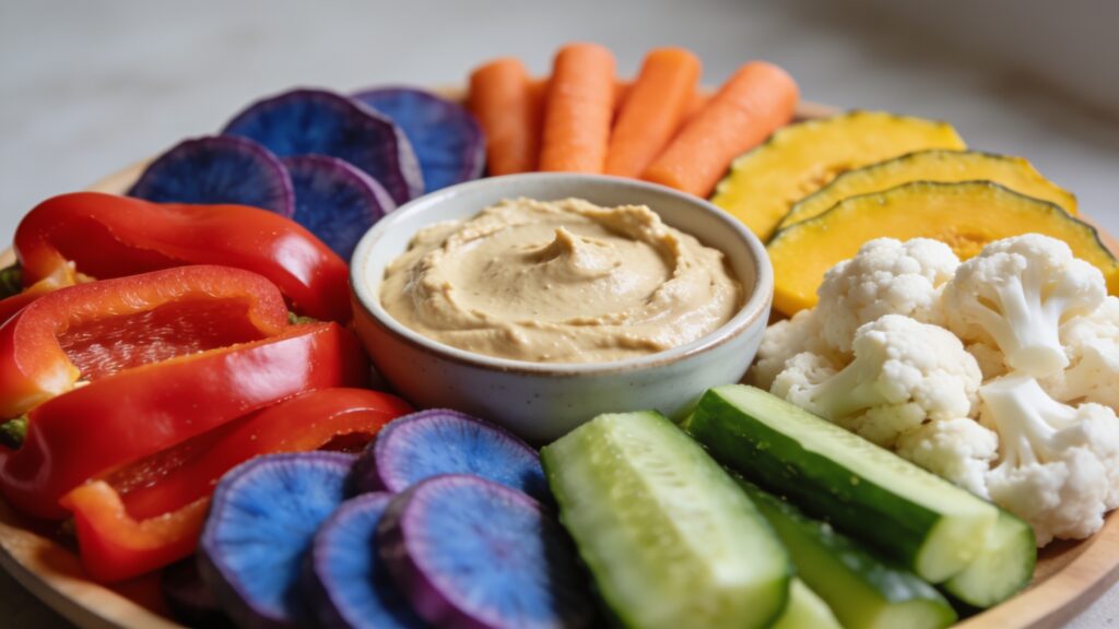Rainbow veggie snack board with colorful vegetables and hummus dip