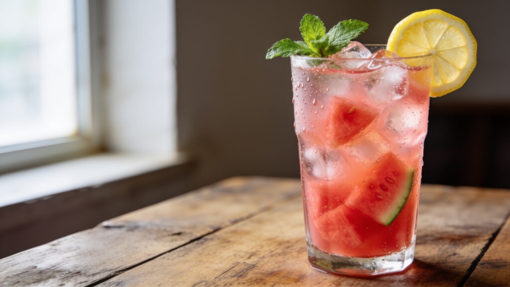 A tall glass of vibrant pink watermelon lemonade with ice, a lemon slice, and a mint sprig on a sunny patio