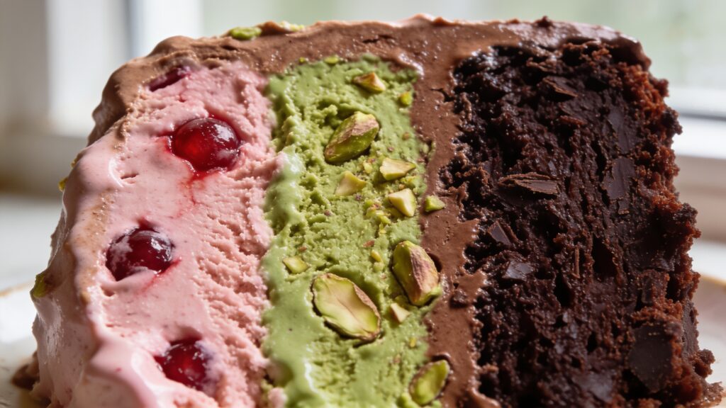 Layered no-churn spumoni in a loaf pan with cherry, pistachio, and chocolate stripes