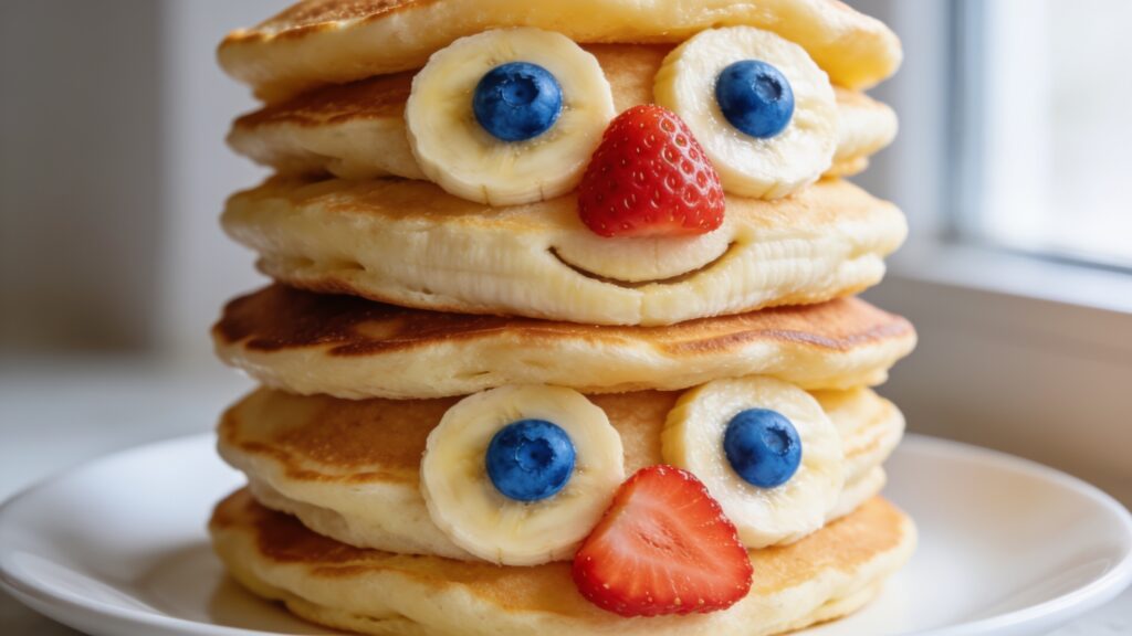 Silly face pancakes with blueberry eyes, banana smiles, and strawberry noses on a plate