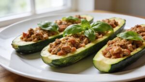 Golden-brown stuffed zucchini boats filled with savory meat and cheese on a white platter