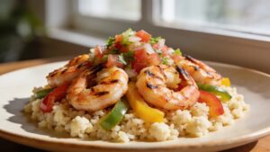 Bowl with grilled shrimp, bell peppers, onions, and cauliflower rice topped with pico de gallo
