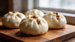 Fluffy steamed bao buns filled with spiced chicken on a bamboo steamer