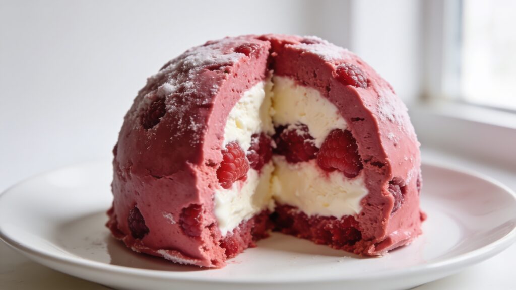 Frozen raspberry bombe on a serving platter, a dome of raspberry ice cream with a hidden vanilla cream center, perfect for August celebrations