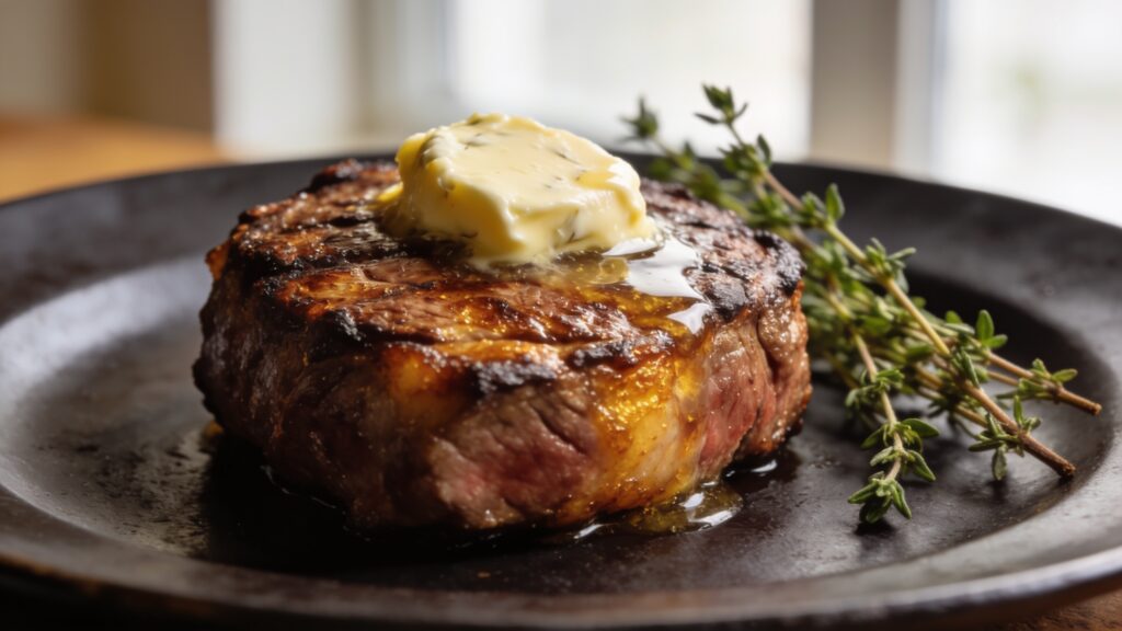 Juicy pan-seared filet mignon with garlic butter sauce on a white plate