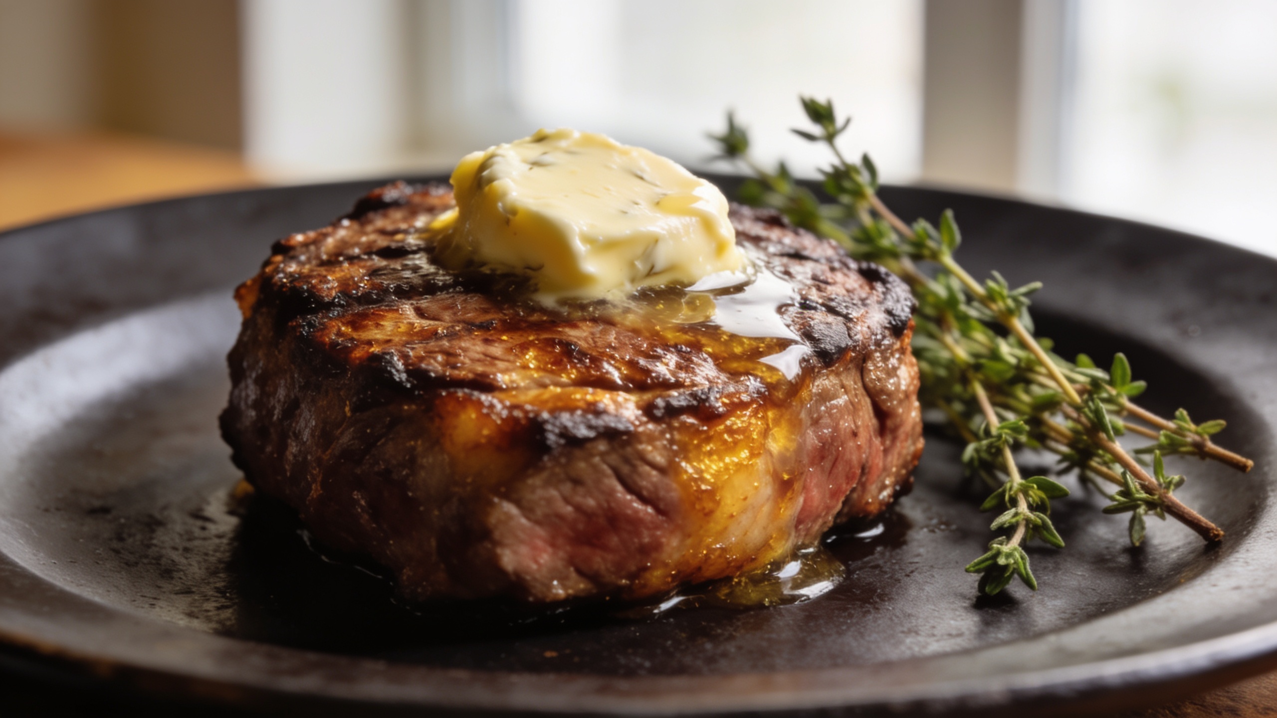 Juicy pan-seared filet mignon with garlic butter sauce on a white plate