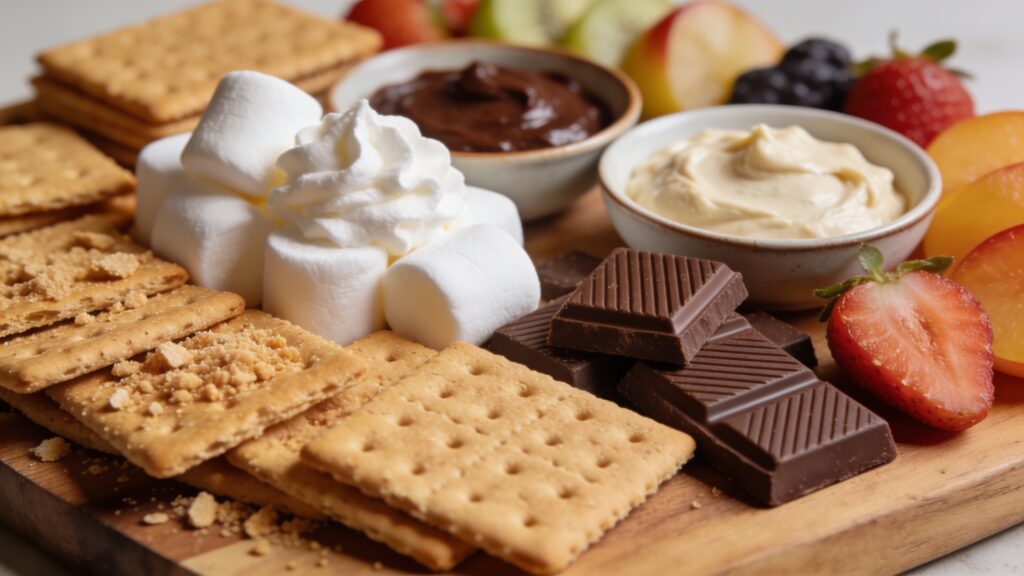 Campfire s'mores board with chocolates, marshmallows, and graham crackers