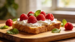 Raspberry cream toast with whipped ricotta and fresh berries on a plate