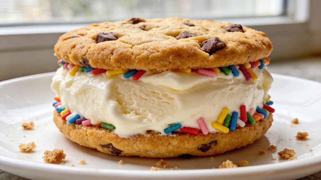 DIY ice cream sandwich bar setup with cookies, ice cream, and toppings arranged on a table