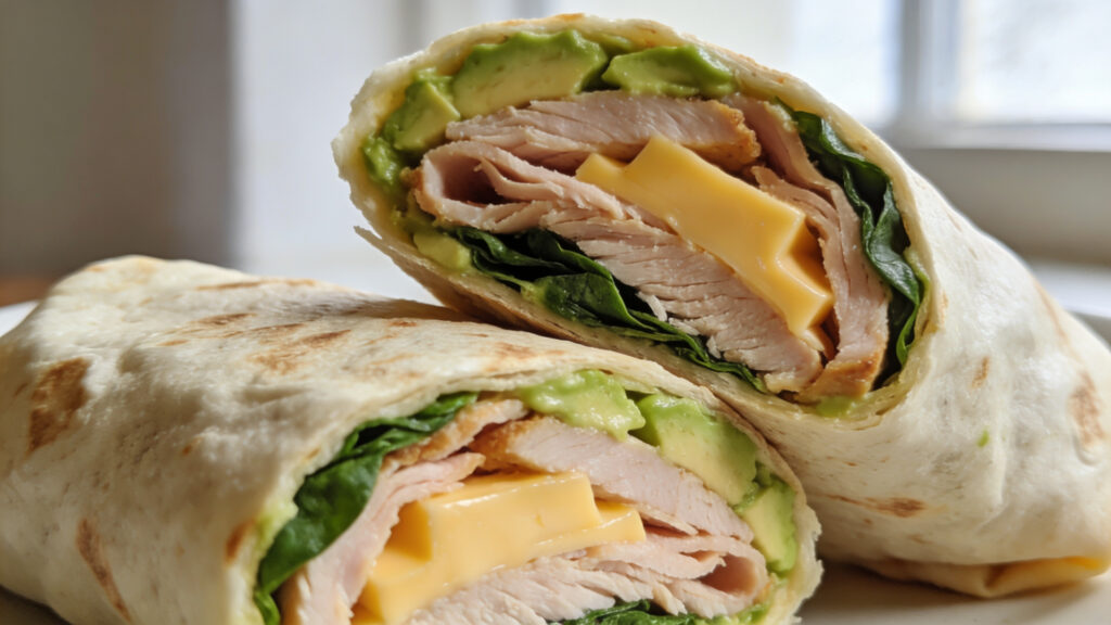 A no-cook turkey wrap with avocado, swiss cheese, and spinach rolled in a tortilla on a plate