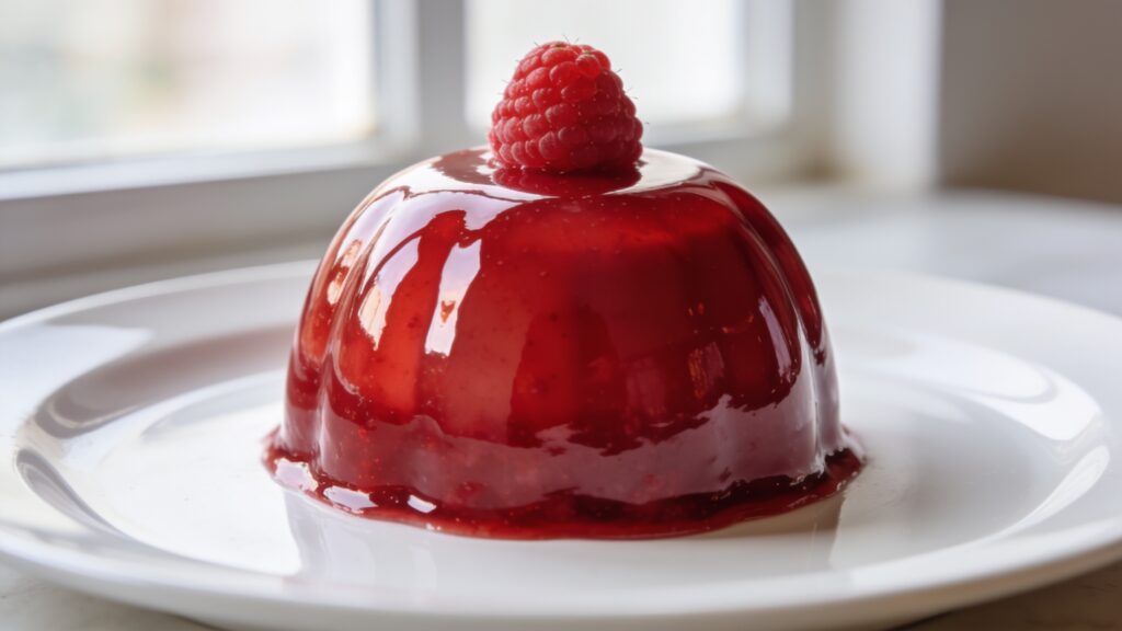 Home Flawless raspberry mirror glaze bombe with jewel-like red surface on a pedestal cake stand
