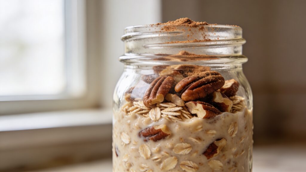A jar of easy pecan pie overnight oats topped with chopped pecans and a drizzle of maple syrup