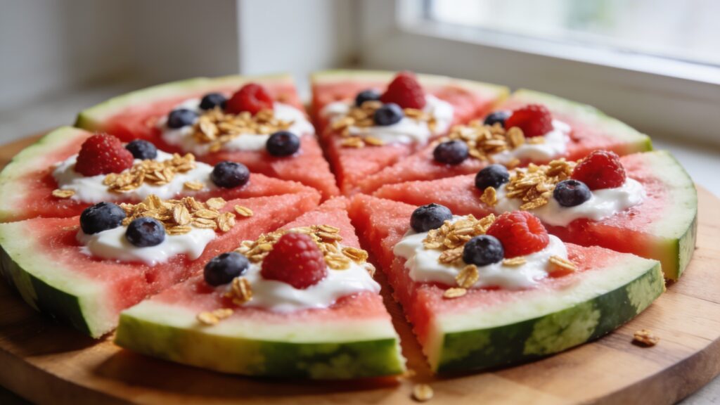 Home A round slice of watermelon topped with creamy yogurt, fresh mixed berries, and crunchy granola on a wooden board.