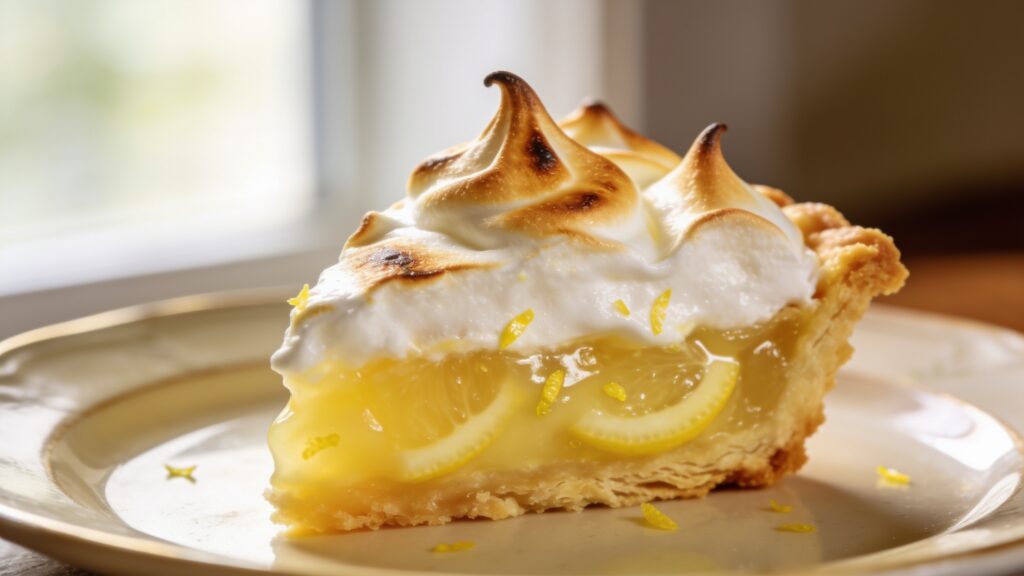 A golden-brown lemon meringue pie with tall toasted peaks on a wire rack