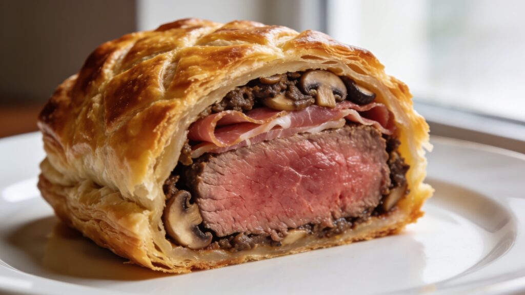 Golden brown puff pastry encasing perfectly seared filet mignon, sliced to reveal pink tender beef, with a rich duxelles and prosciutto layer