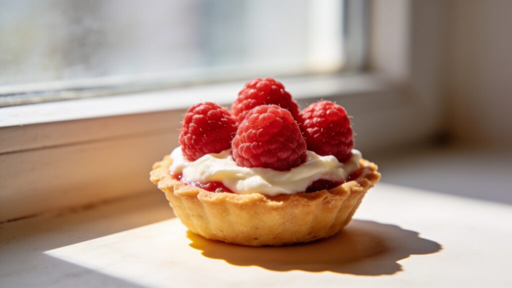 Mini raspberry cream tarts with fresh raspberries on a white plate