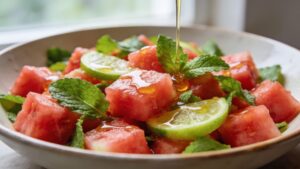 Bowl of watermelon cubes with fresh mint leaves and honey lime drizzle