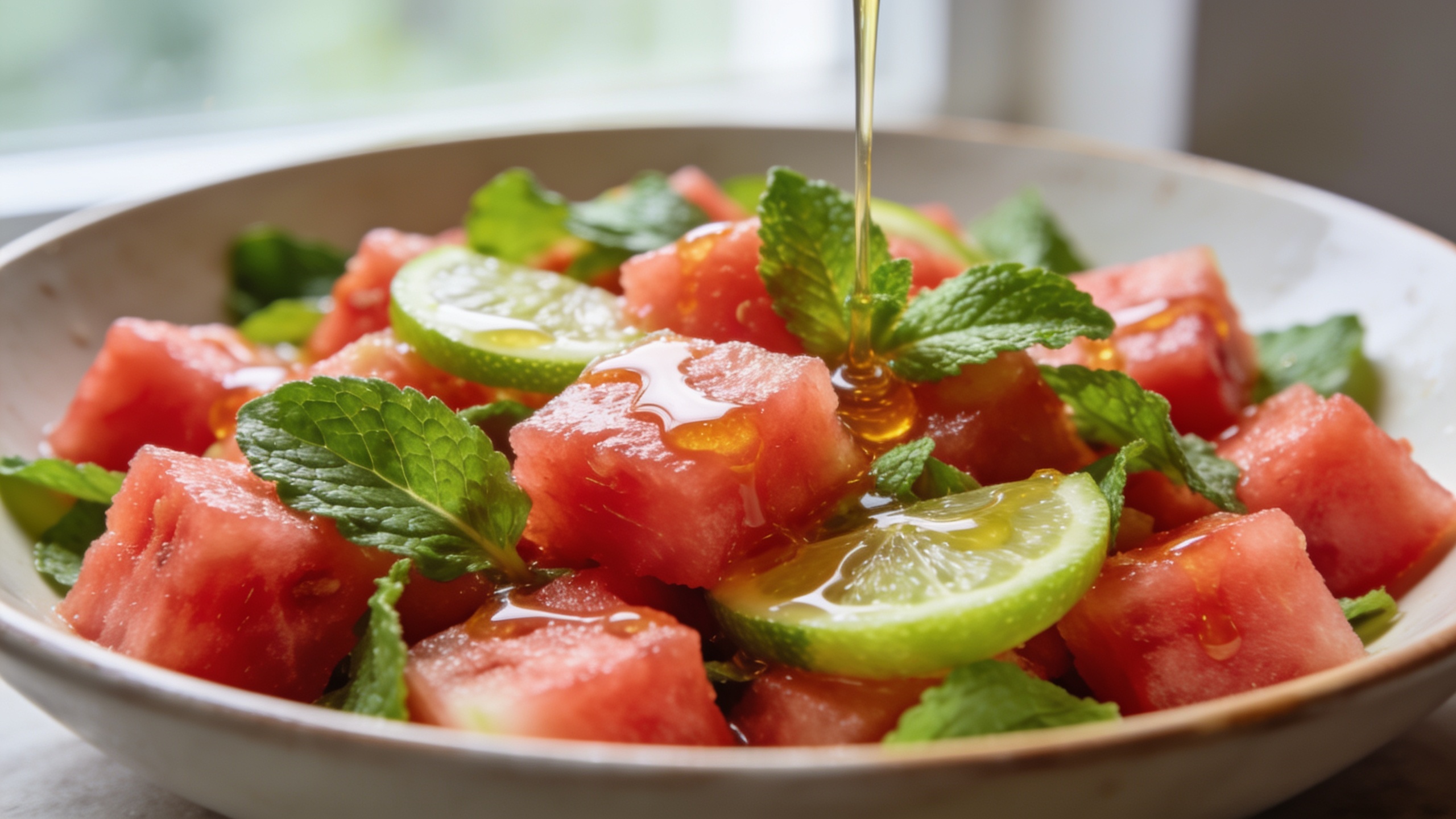 Bowl of watermelon cubes with fresh mint leaves and honey lime drizzle