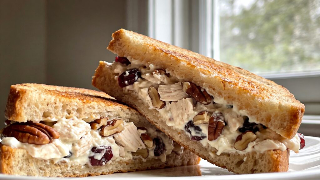 Pecan chicken salad sandwich on toasted bread with rotisserie chicken, celery, pecans, and cranberries