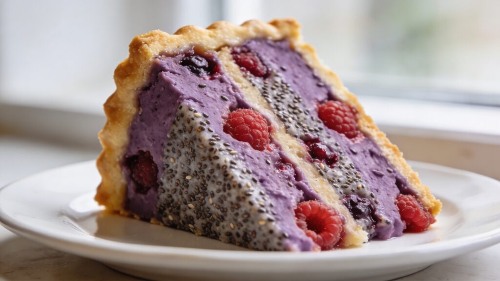 A slice of light raspberry chia pie on a plate, showing the red filling and chia seeds.