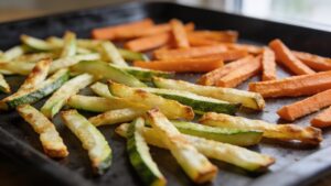 Crispy baked julienne zucchini and carrot fries on a baking sheet