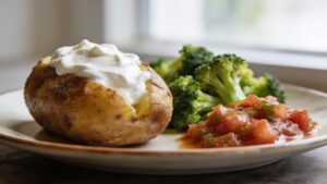 Baked potato topped with Greek yogurt, steamed broccoli, and salsa on a wooden board