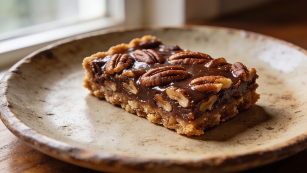 No-bake pecan pie bars made with dates, pecans, and maple syrup on a white plate