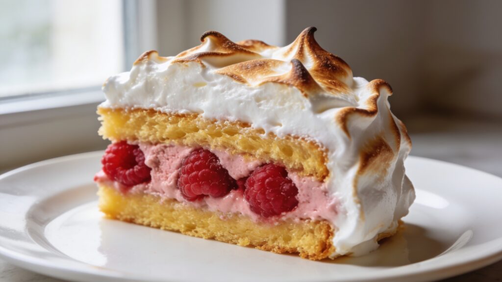Golden baked meringue surrounding a raspberry ice cream center on a serving platter