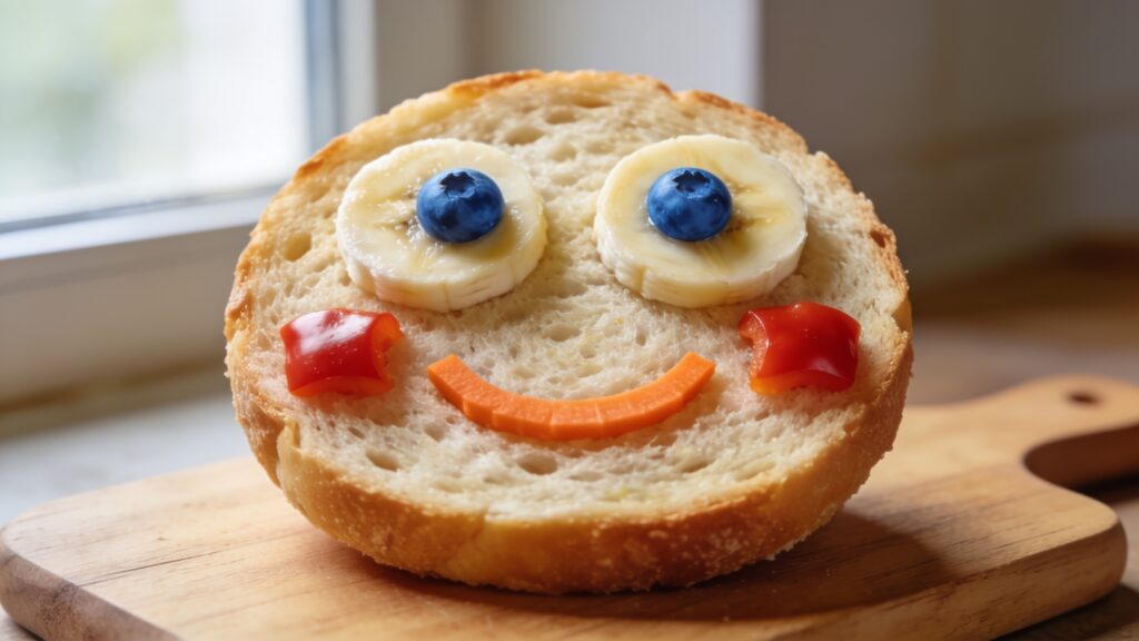 Colorful emoji sandwich faces arranged on a plate, each with different expressions made from simple ingredients