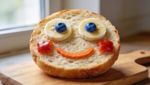 Colorful emoji sandwich faces arranged on a plate, each with different expressions made from simple ingredients