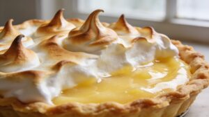 Towering golden meringue atop lemon pie on a table