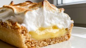 Three light lemon meringue tarts on a white plate with lemon slices and mint garnish