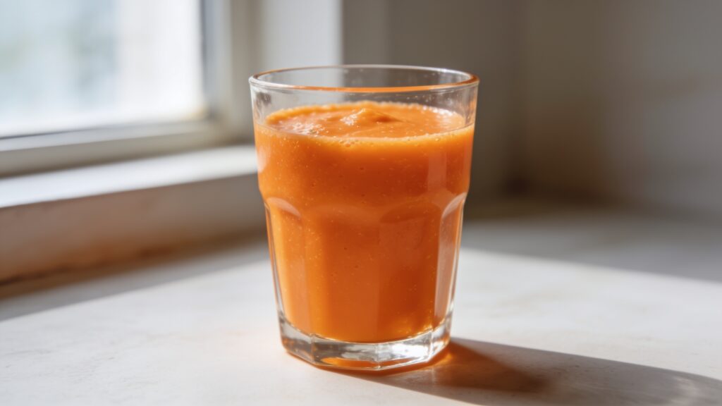 A tall glass of orange creamsicle protein smoothie, creamy and vibrant orange, with a straw and orange slice garnish