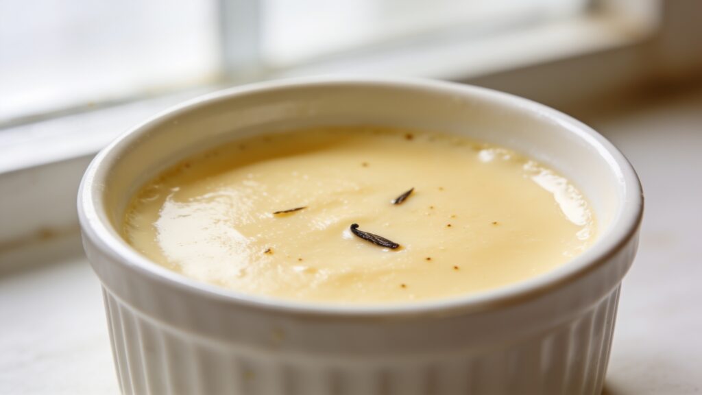 Delicate light vanilla egg custard in individual ramekins, lightly sweetened and under 140 calories