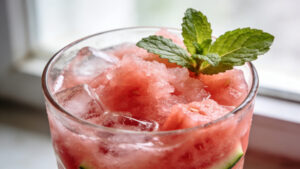 Refreshing watermelon mint slushie smoothie served in a glass