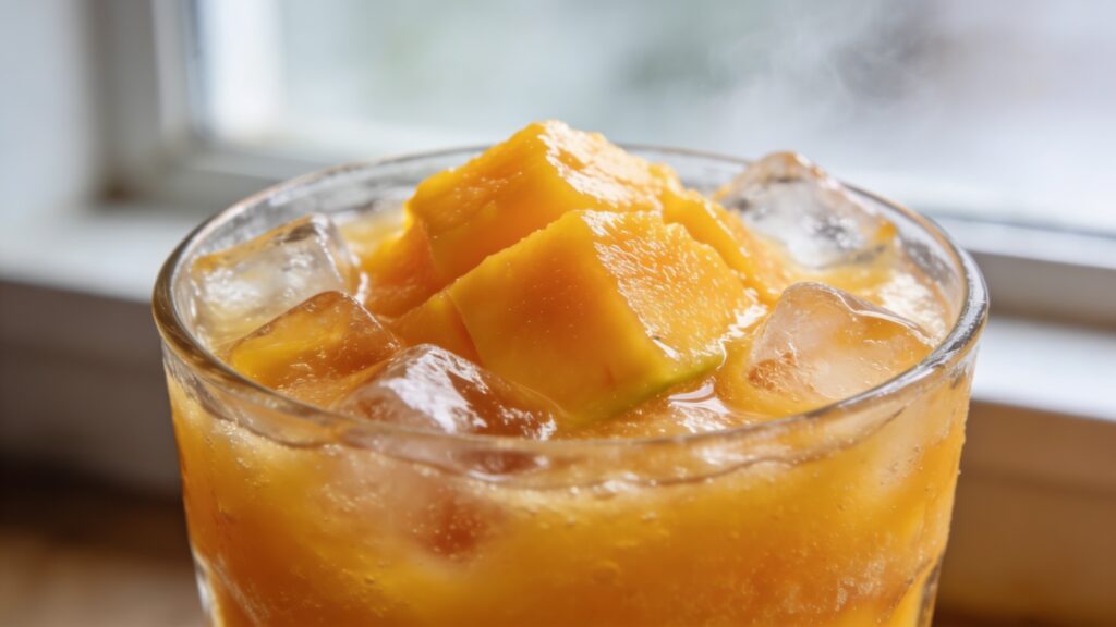 A tall glass of vibrant yellow frozen fruit slushie with ice cubes, garnished with a straw and a slice of lemon on a bright kitchen counter.