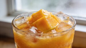 A tall glass of vibrant yellow frozen fruit slushie with ice cubes, garnished with a straw and a slice of lemon on a bright kitchen counter.