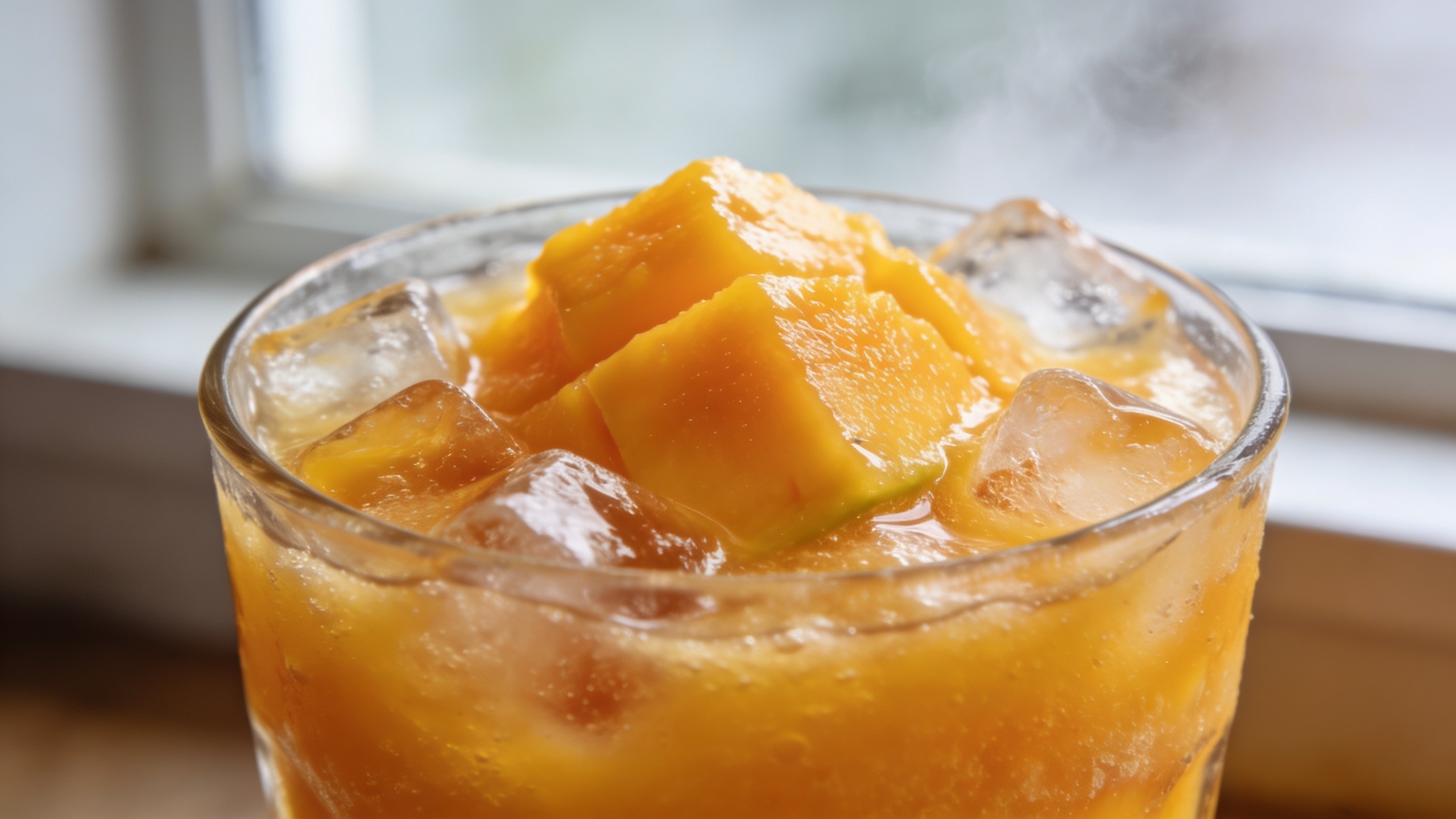 A tall glass of vibrant yellow frozen fruit slushie with ice cubes, garnished with a straw and a slice of lemon on a bright kitchen counter.