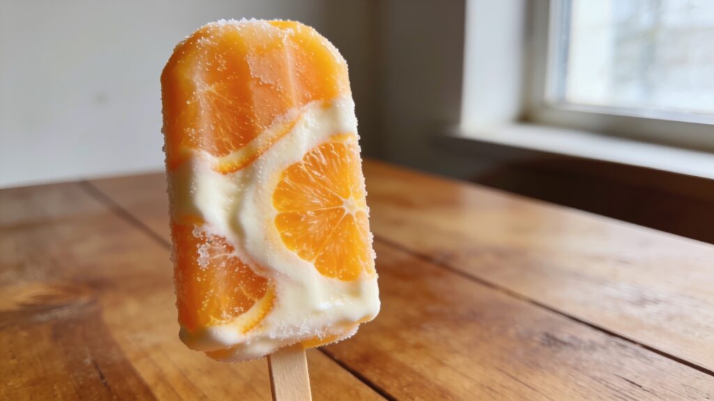 A batch of homemade orange creamsicle popsicles on a wooden tray, showing orange and cream swirls.