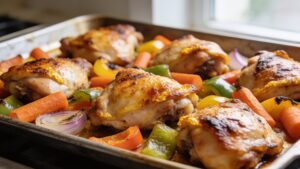 Roasted chicken and vegetables on a sheet pan