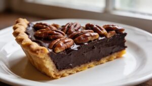 Whole chocolate pecan pie with dark ganache layer on a serving plate