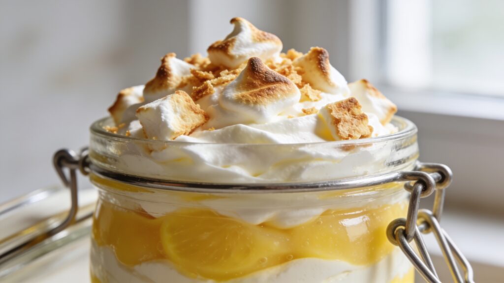 Layered deconstructed lemon meringue pie in a jar with lemon curd, cream, and toasted meringue