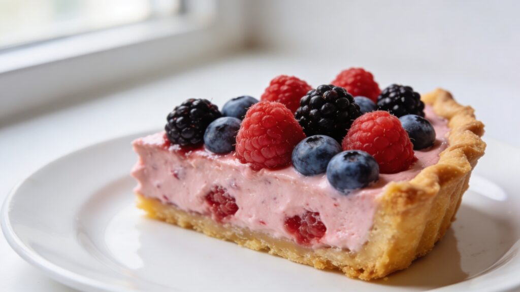 Raspberry cream pie with fresh summer berries on a white plate