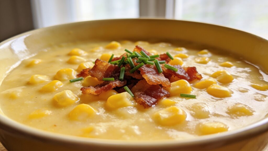 Bowl of creamy corn chowder with bacon and fresh corn kernels